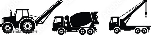 Three black silhouette illustrations of construction vehicles including front loader tractor, concrete mixer truck, and crane truck showcasing heavy machinery and industrial equipment design