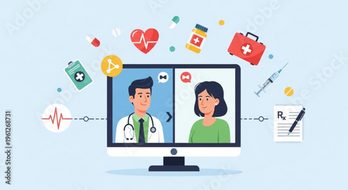 Online telemedicine consultation on computer screen with doctor and patient discussing health