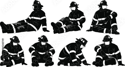 Firefighter resting after emergency operation silhouettes, exhausted rescue worker poses, firefighting gear, recovery moment, safety service, fatigue and effort concept illustration