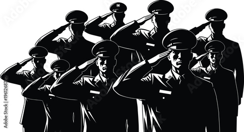Group of military soldiers saluting in uniform silhouette, army respect gesture, patriotic service, disciplined formation, national defense concept illustration