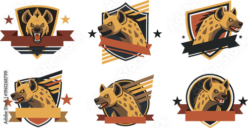 Hyena Logo Badge Set Featuring Wild Animal Mascot Emblems with Shield Shapes, Ribbons, and Vintage Sport Style Design for Branding Vector Use.