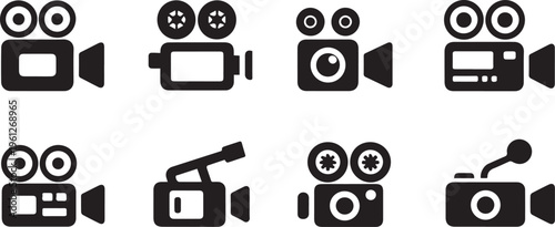 Camera icons, video camera symbols, film camera graphics, photography signs, black vector set