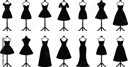 Fashion dress silhouettes, black gown designs, sleeveless styles, short sleeve dresses, fitted gowns, flared skirts, floor length evening wear