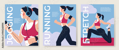 Fitness posters set with woman jogging, listening to music and stretching. Flat vector illustration for workout, healthy lifestyle, running, sport training and gym promotion.