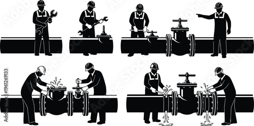 Industrial workers repairing pipeline valves silhouettes, maintenance operation, plumbing system repair, water leakage fix, engineering service, infrastructure safety concept illustration