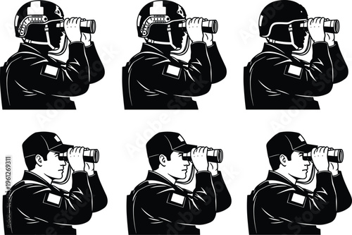 Military and security personnel using binoculars silhouettes, surveillance observation, scouting mission, situational awareness, reconnaissance operation, defense monitoring concept illustration