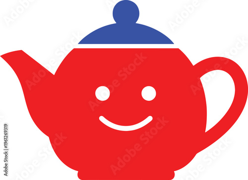 Red teapot with blue lid and smiling face