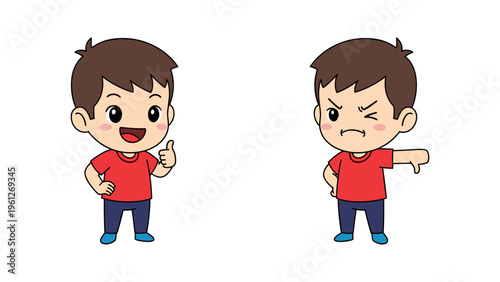 two boys showing opposite emotions happy and angry flat design vector illustration