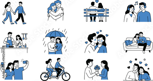 Flat illustration set showing romantic couple love care emotional bonding dating moments support relationship and modern lifestyle scenes