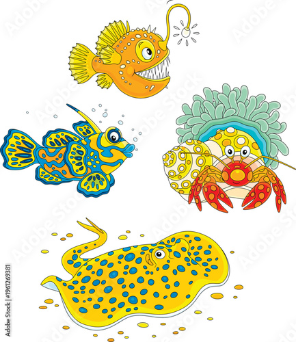 Vector cartoon set of a Diogenes-crab with an actinia, a ray, a mandarin fish and an angler fish