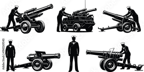 Naval artillery crew silhouette vector set, military cannon operation collection, sailor operating field gun and armored vehicle, defense illustration isolated