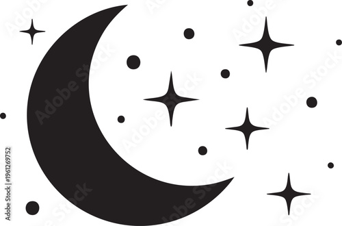 Black silhouette of a crescent moon surrounded by various sizes of twinkling stars and night dots