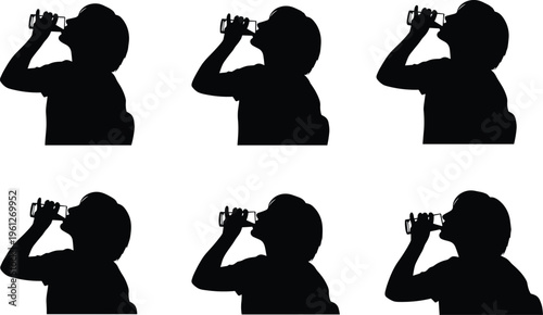 Person drinking water bottle silhouette, hydration concept, thirst relief, healthy lifestyle, refreshment, daily routine, wellness and self care illustration