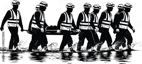 Rescue workers carrying injured person on stretcher through water silhouette, emergency response team, disaster relief, teamwork, lifesaving operation concept illustration