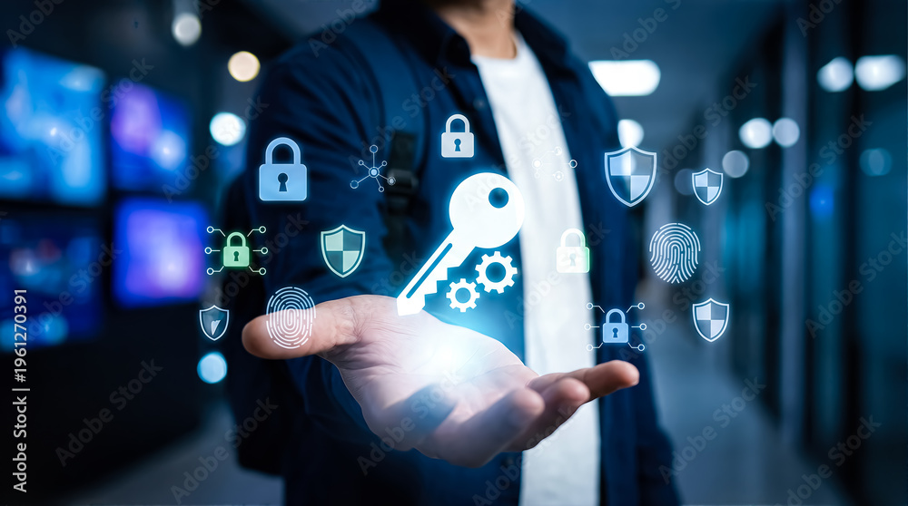 Fototapeta premium Cyber security and digital data protection concept with a person holding a glowing key icon and various security symbols