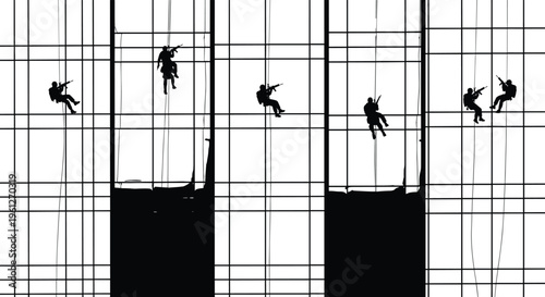 Silhouettes of tactical soldiers rappelling down modern glass building facade, urban special forces operation, high risk descent, security, military teamwork concept