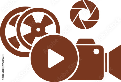 Brown Camera Reel and Lens Set with Play Button Symbol
