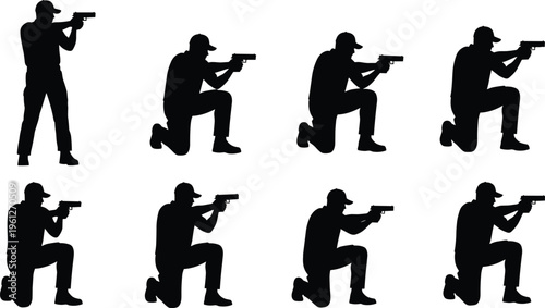 Tactical shooter aiming handgun silhouettes, shooting stance positions, firearm training, self defense practice, accuracy focus, security concept illustration set