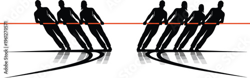 Team of people playing tug of war silhouettes, teamwork competition, strength and balance, group challenge, cooperation versus opposition concept illustration