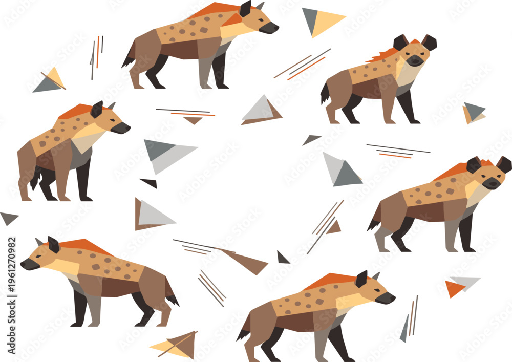 Obraz premium Geometric Hyena Illustration Set Featuring Stylized Wild African Animals with Abstract Shapes and Modern Polygon Design Elements in Creative Vector Style.