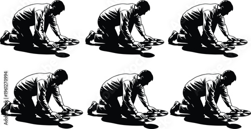 Technician handling explosive devices silhouette, bomb disposal expert working carefully, security operation, risk management, safety procedure, emergency response concept illustration