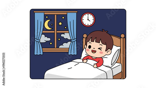 child sleeping peacefully in bed with moonlit night sky vector illustration
