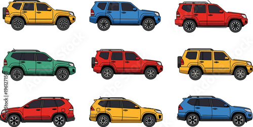 Colorful SUV Car Collection Side View Flat Icon Set Off Road Vehicle 4x4 Crossover Multiple Colors Yellow Blue Red Black Vector Isolated White Background