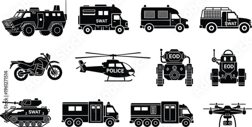 SWAT Police Military Vehicle Silhouette Set Armored Truck Helicopter Tank Motorcycle Drone Tactical EOD Robot Special Forces Black Icon Collection Isolated White Background
