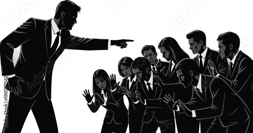 A powerful silhouette of an angry male boss in a suit aggressively points at a group of fearful and defensive employees, conveying a stressful workplace confrontation or disciplinary action.
