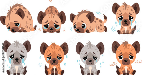 Sad Baby Hyena Cartoon Character Set Featuring Crying, Upset, and Emotional Expressions with Adorable Wildlife Animals in Cute Vector Illustration Style.