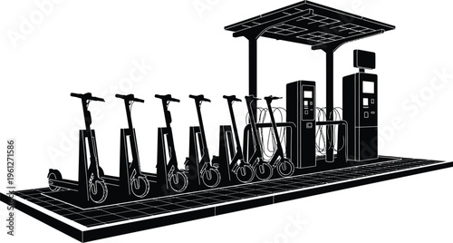 Electric Scooter Parking Station Silhouette Shared Micro Mobility Charging Dock Urban Transport E-Scooter Rental Stand Black Vector Isolated White Background