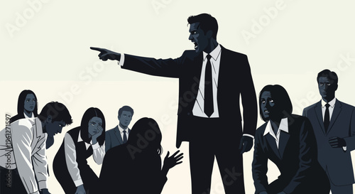A dramatic illustration depicting an angry male boss aggressively pointing and shouting at his cowering employees, symbolizing workplace conflict, intimidation, and negative leadership dynamics.