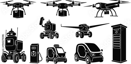 Future Delivery Robot and Drone Silhouette Set Autonomous Vehicle Electric Car UAV Last Mile Logistics Smart Technology Black Icon Collection Isolated White Background
