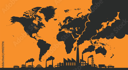 8:04 AMGlobal Industrial Pollution World Map Silhouette Factory Smoke Carbon Emission Climate Change Environmental Crisis Air Pollution Vector Orange Background