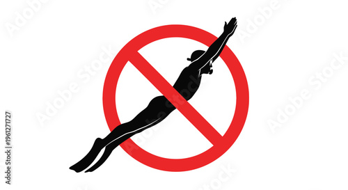 A clear and concise warning sign illustration featuring a swimmer in a diving posture enclosed within a red circle with a diagonal line, explicitly prohibiting diving in certain areas.