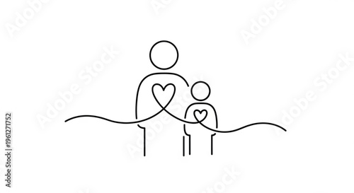 Stylized illustration of a parent and child with heart symbols conveying love and family bonding in a simple line art style on a white background