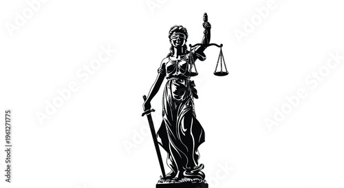 A powerful and iconic silhouette illustration of Lady Justice, blindfolded and holding scales and a sword, symbolizing fairness, impartiality, and the pursuit of legal truth and righteousness.