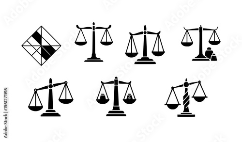 A set of black and white vector icons depicting scales of justice and law