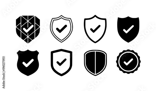 A set of black and white shield icons with checkmarks for security and protection