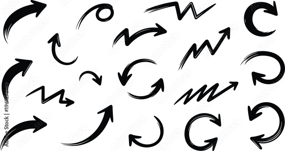 Fototapeta premium A versatile collection of various hand-drawn black arrow icons, showcasing different styles of direction, movement, and navigation with an expressive, sketch-like quality on a white background.