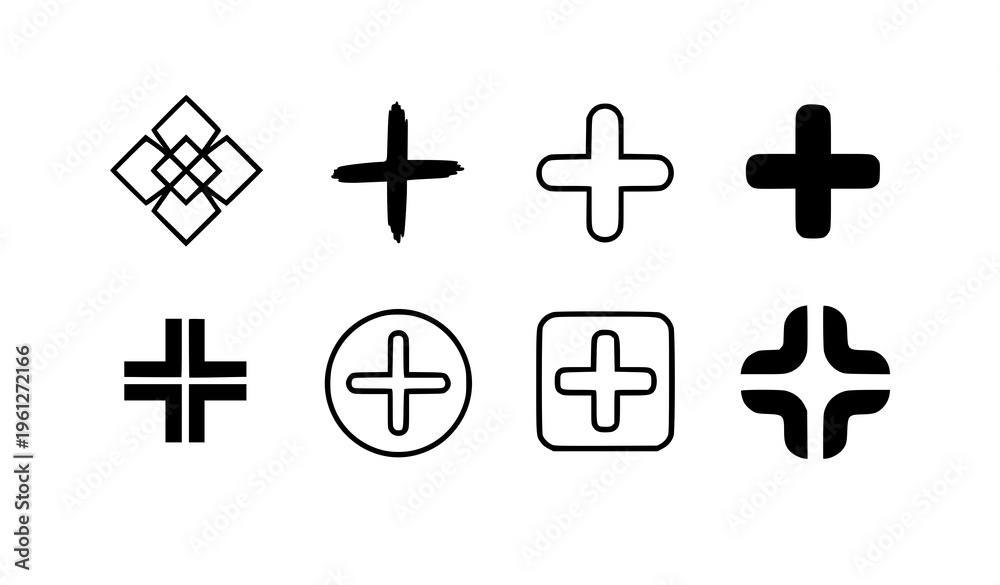 Obraz premium A set of modern plus sign icons in various designs and styles