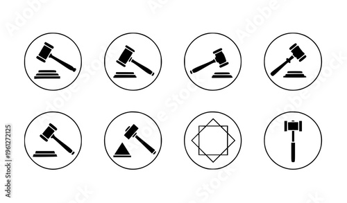 A set of vector icons depicting gavel silhouettes in various designs