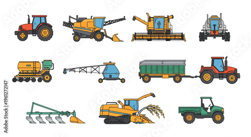 A colorful collection of agricultural machinery including tractors, harvesters, sprayers, and trailers, representing modern farming equipment and rural industry.