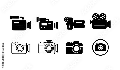 A set of black and white camera and video camera icons in a flat design style