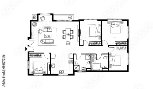 Architectural House Plan with Furniture Layout Blueprint Vector Illustration