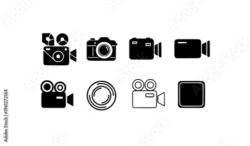 A set of black and white camera icons in various styles and designs