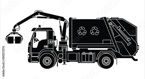 Garbage Truck Silhouette Black Vector Icon Waste Collection Vehicle Recycling Trash Compactor Side View Isolated White Background