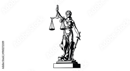 A full-length silhouette illustration of Lady Justice standing tall, blindfolded with scales of justice and a sword, representing the steadfast principles of law, order, and judicial impartiality.