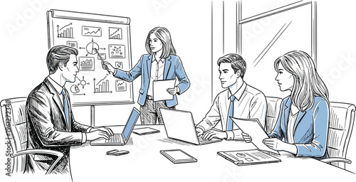 A vibrant sketch illustration depicting a dynamic business meeting where a female executive presents data and charts on a whiteboard to her attentive colleagues seated around a conference table.
