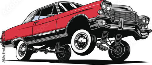 Vintage red car with exaggerated suspension depicted in a stylized illustration